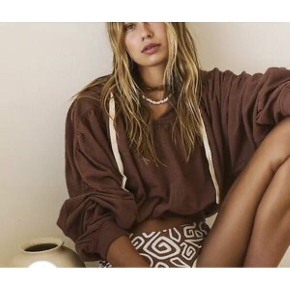 Free People Beach Rae Pullover Cropped Hoodie Brown Raw Umber Sz M Boho NWT - Picture 2 of 9